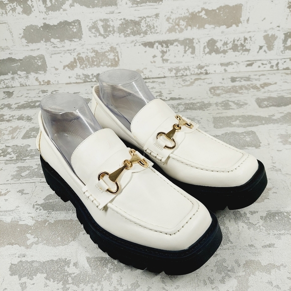 NEW Nordstrom Open Edit White Faux Patent Gold Chunky Academia Loafers C433 - Picture 4 of 14